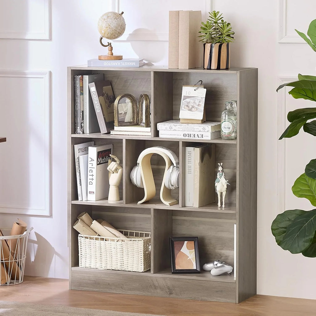 LEYAOYAO Wooden 7 Cube Book Shelf Natural Bookshelf Legs Modern Open Storage Organizer