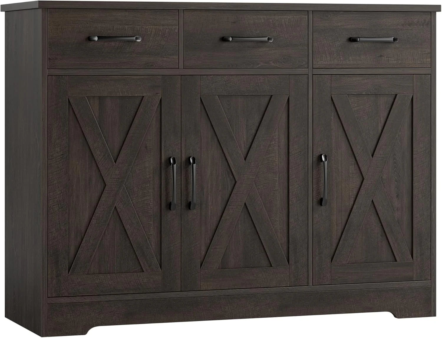 Modern farmhouse sideboard, barn door buffet storage cabinet with drawers and shelves, wooden coffee bar with storage