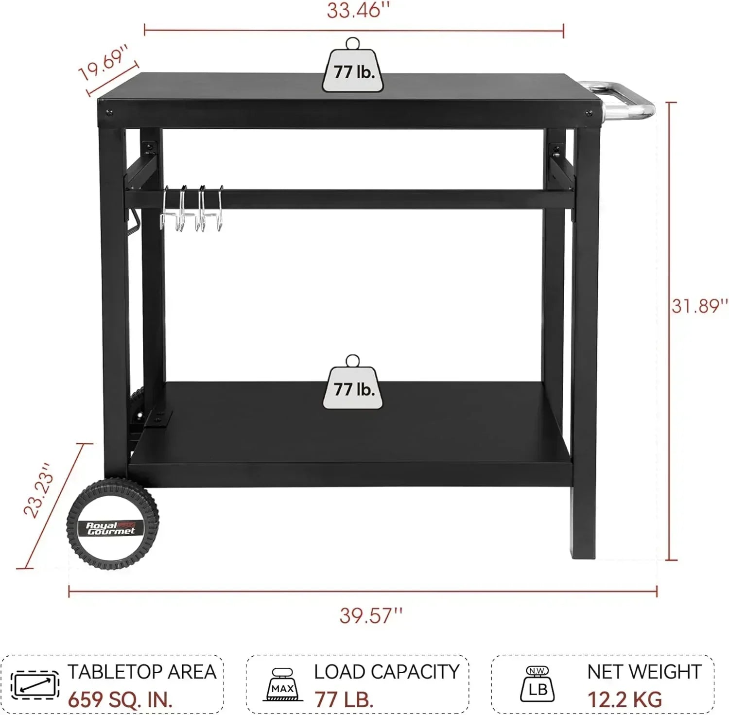 Royal Gourmet Dining Cart Table with Double-Shelf Movable Stainless Steel Flat Top Grill Cart