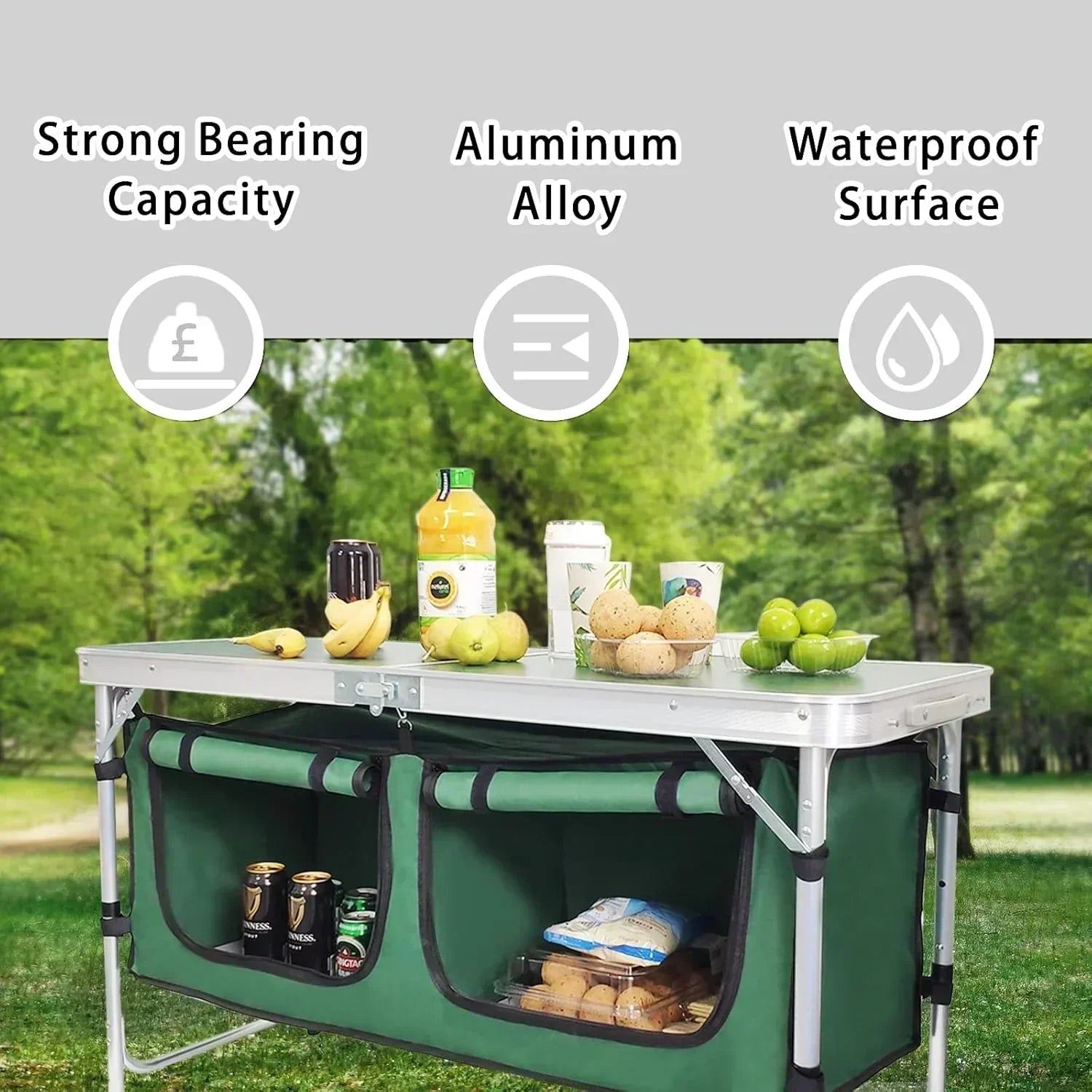 Outdoor Folding Table Aluminum Lightweight Height Adjustable with Storage Organizer