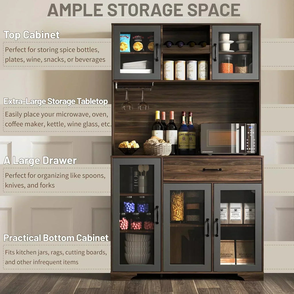 Kitchen Hutch Pantry Cabinet 71 Tall with Glass Doors