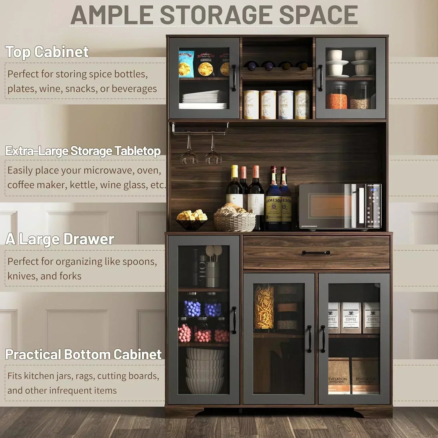 Kitchen Hutch Pantry Cabinet 71 Tall with Glass Doors