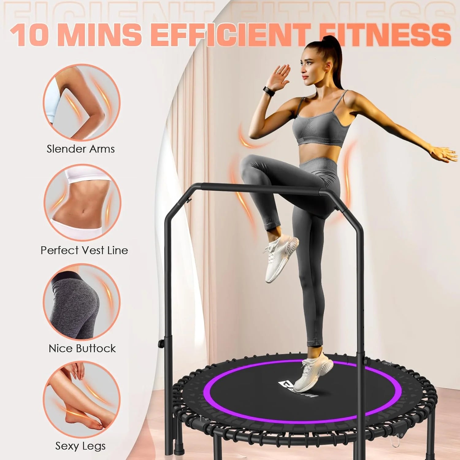 BCAN 450/550 LBS Foldable Mini Trampoline, 40/48 Fitness Trampoline with Bungees, U Shape Adjustable Foam Handle, Stable & Quiet Exercise Rebounder for Adults Indoor/Outdoor Workout