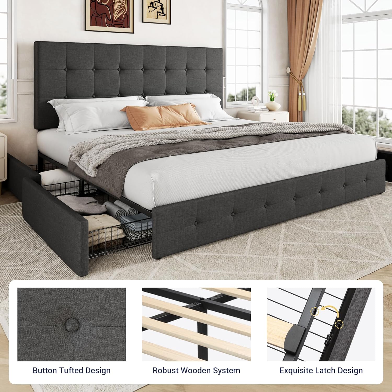 Allewie Upholstered Queen Size Platform Bed Frame with 4 Storage Drawers and Headboard