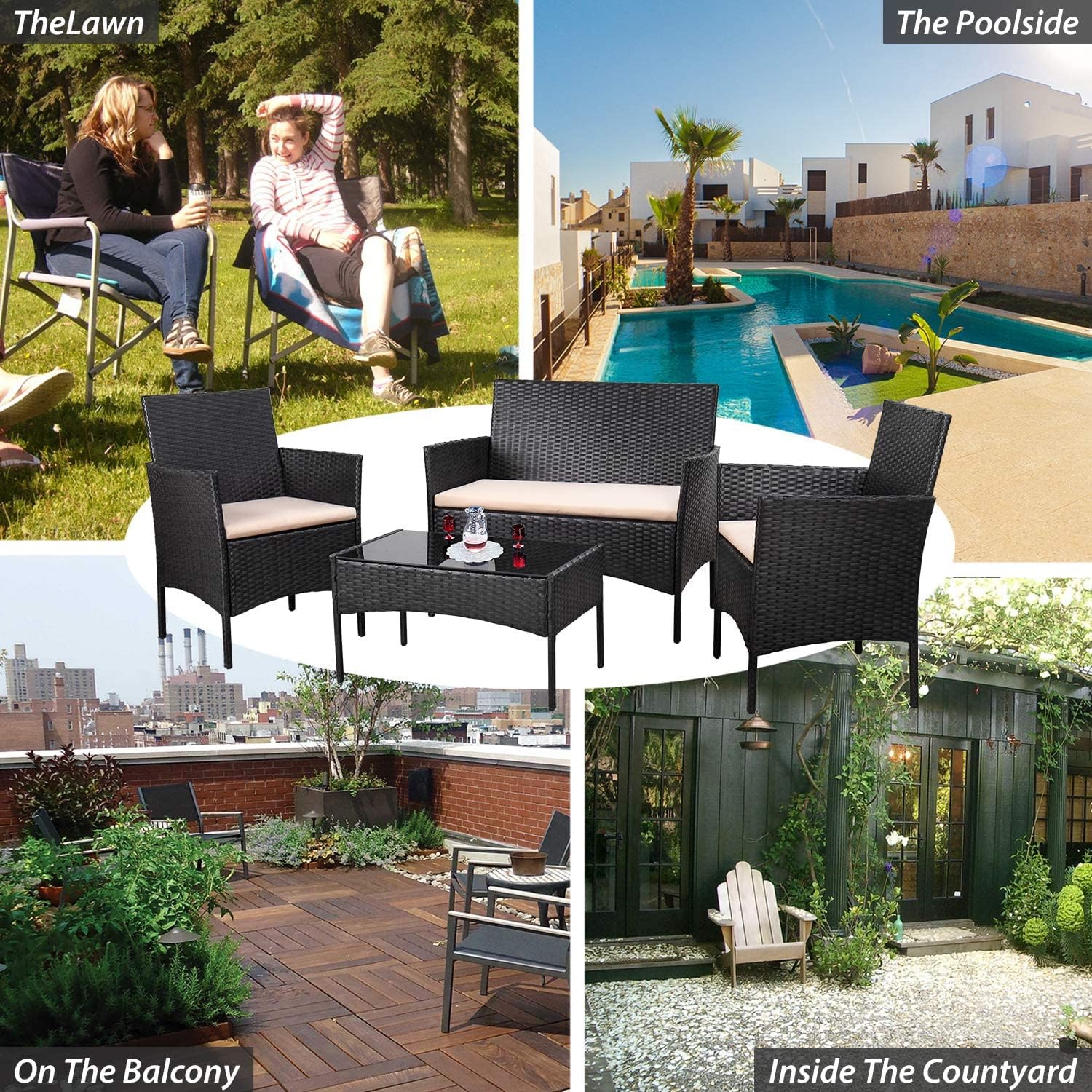 Homall 4 Pieces Outdoor Patio Furniture Sets Rattan Chair Wicker Set, Outdoor Indoor Use Backyard Porch Garden Poolside Balcony Furniture Sets (Grey)