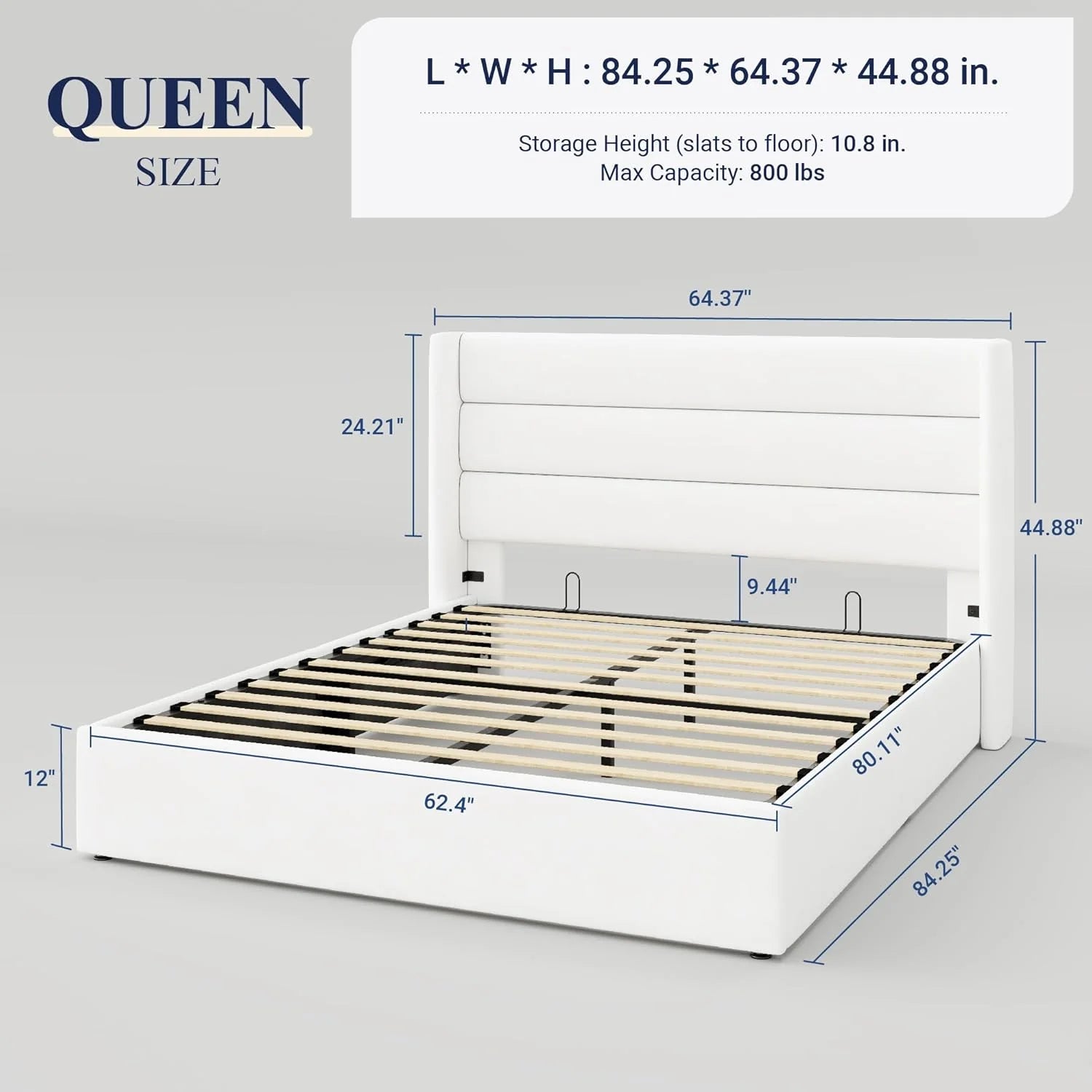 Allewie Queen Size Lift Up Storage Bed Modern Wingback Headboard Hydraulic Support