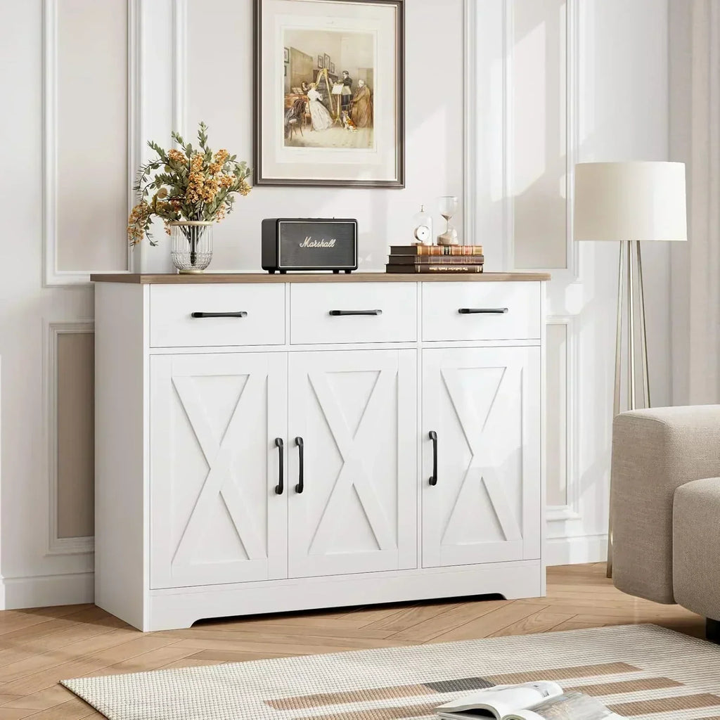 Modern farmhouse sideboard barn door buffet storage cabinet with drawers and shelves