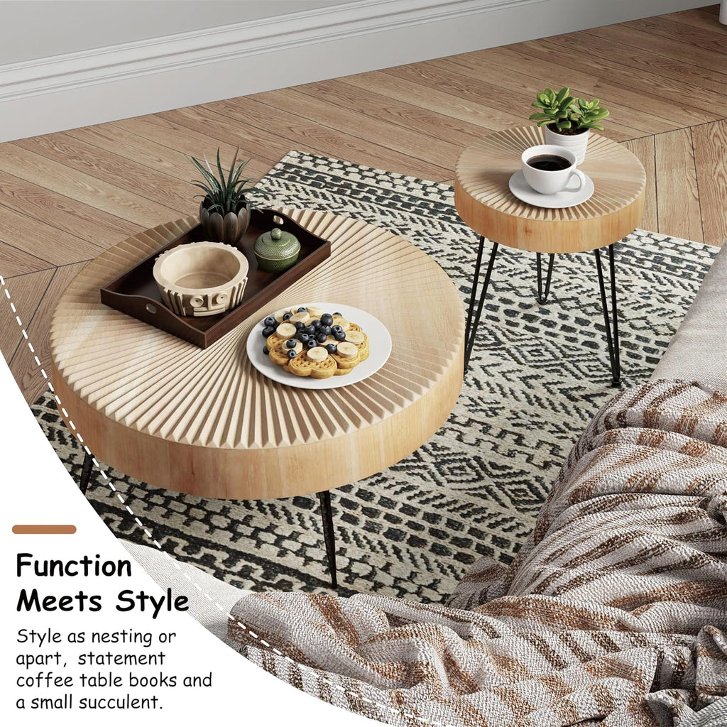 Two-Piece Modern Farmhouse Living Room Coffee Table Set Round Nesting Tables