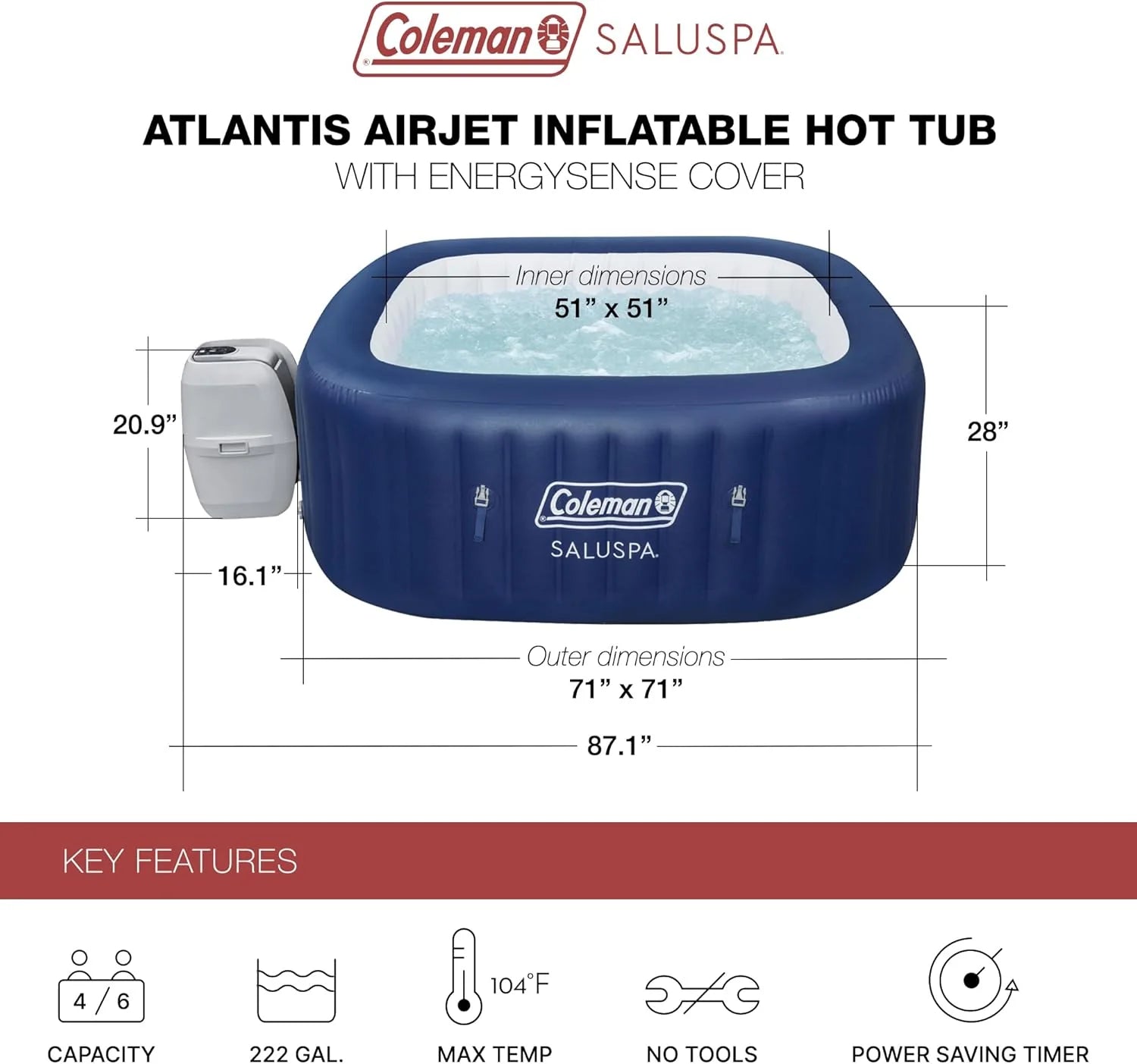 Coleman SaluSpa Atlantis AirJet 4 to 6 Person Inflatable Hot Tub Square Portable Outdoor Spa with 140 Soothing Jets with Cover, Blue