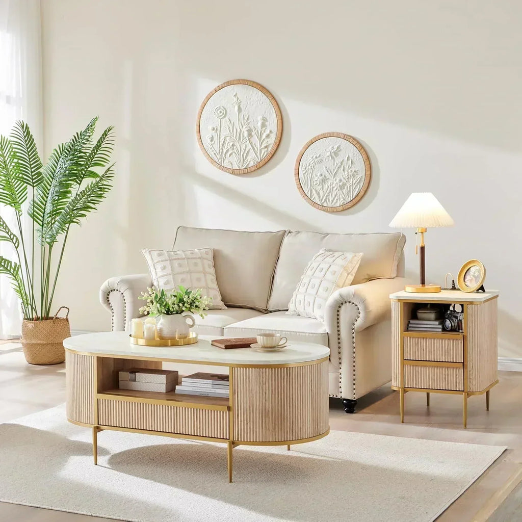 OKD Modern Luxury Grooved Coffee Table 48 Inch Oval Coffee Table Drawers Imitation Marble Top