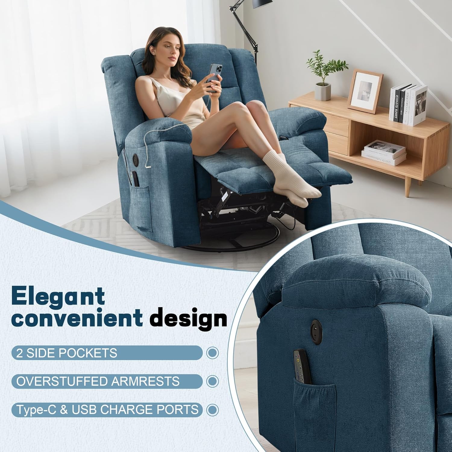 Rocker Recliner, Glider Recliner Chairs for Adults, 360�� Swivel Rocking Chair with Massage and Heating, Nursery Chair