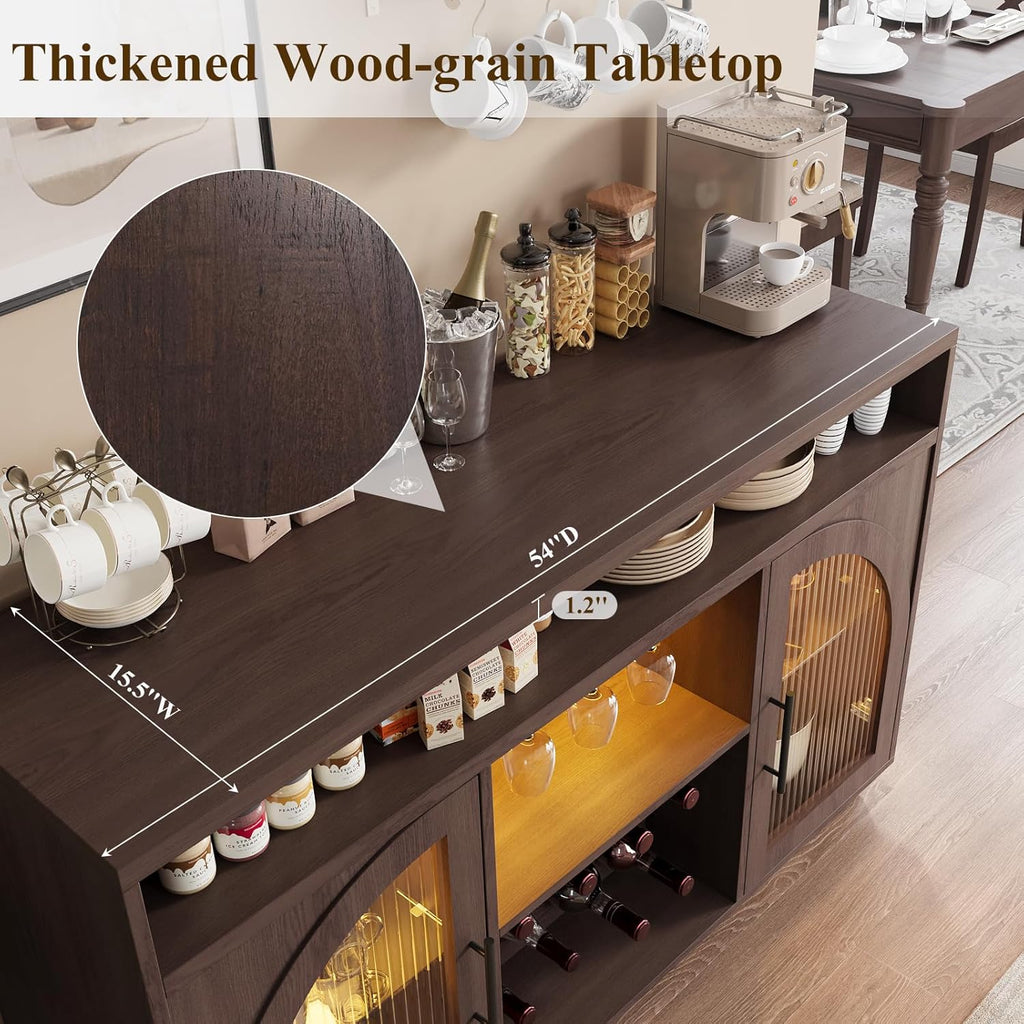 Sideboard 54-inch kitchen cabinet with LED lights and arched glass doors tall bar cabinet