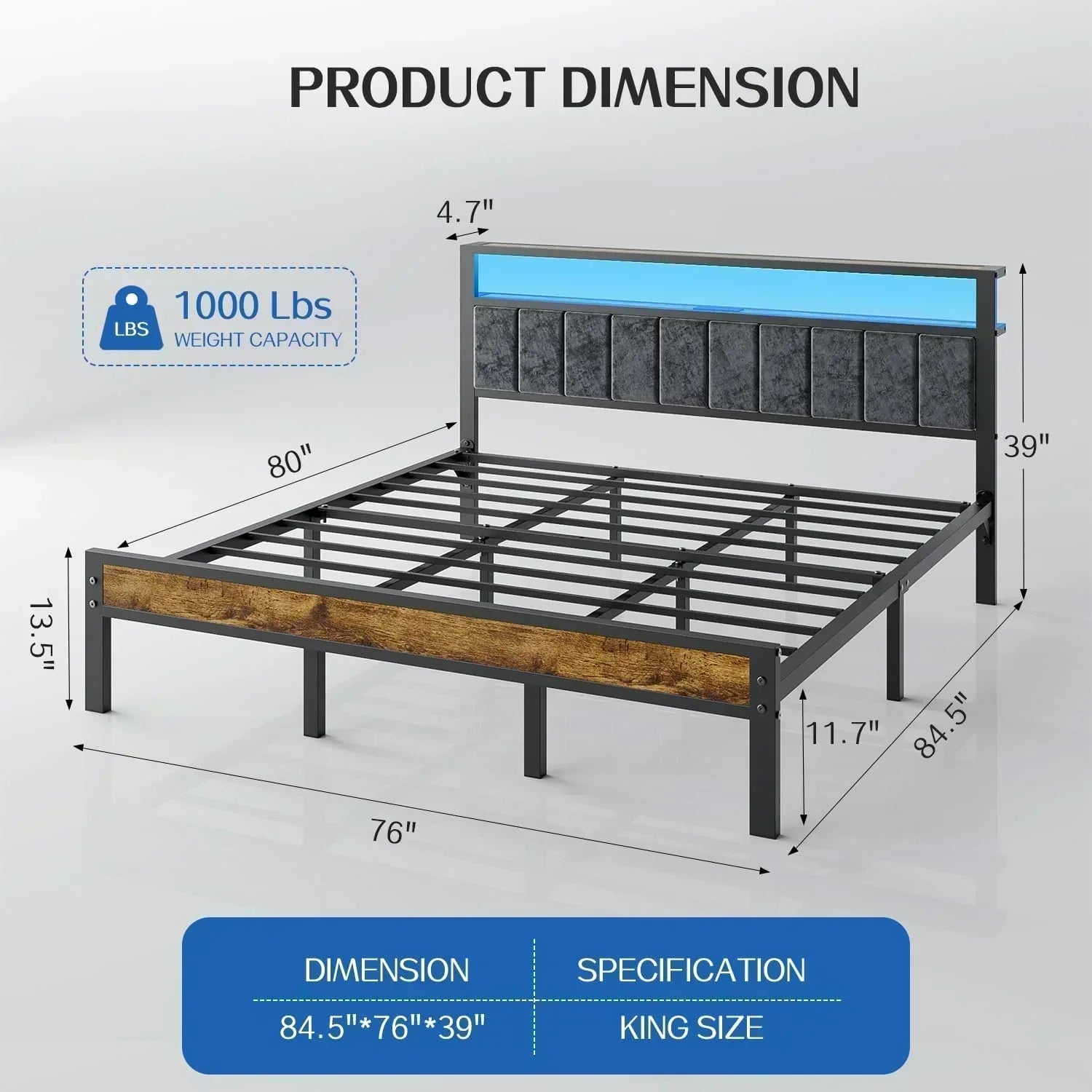Queen Size Bed Frame with 2-Tier Storage Shelves Headboard Platform Bed with Charging Station