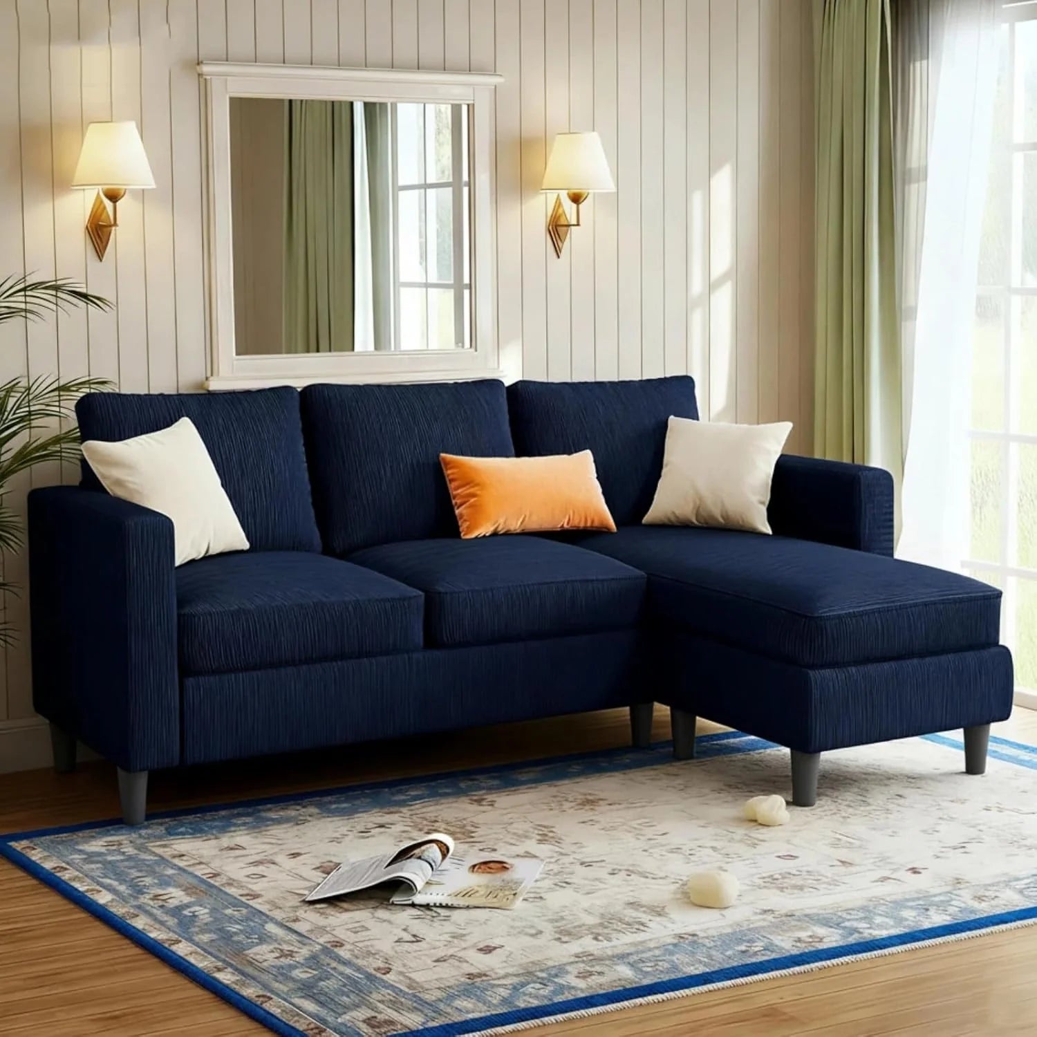 JAMFLY 3-Seat Convertible L-Shaped Sectional Sofa with Reversible Ottoman, Upholstered Fabric Couch