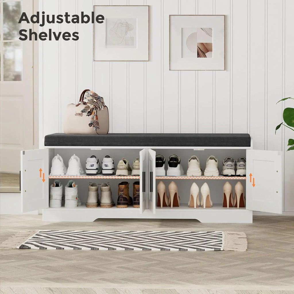 2-Tier Storage Bench, Shoe Bench with Thickened Padded Seat Cushion, Entryway Bench with 4 Doors, Adjustable Shelf, 13.8 D x 45.3 W x 18.5 H, for Entryway, Living Room, Bedroom, White