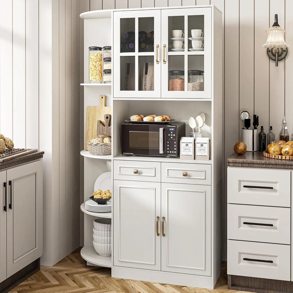 Kitchen Hutch Pantry Cabinet 71 Tall with Glass Doors