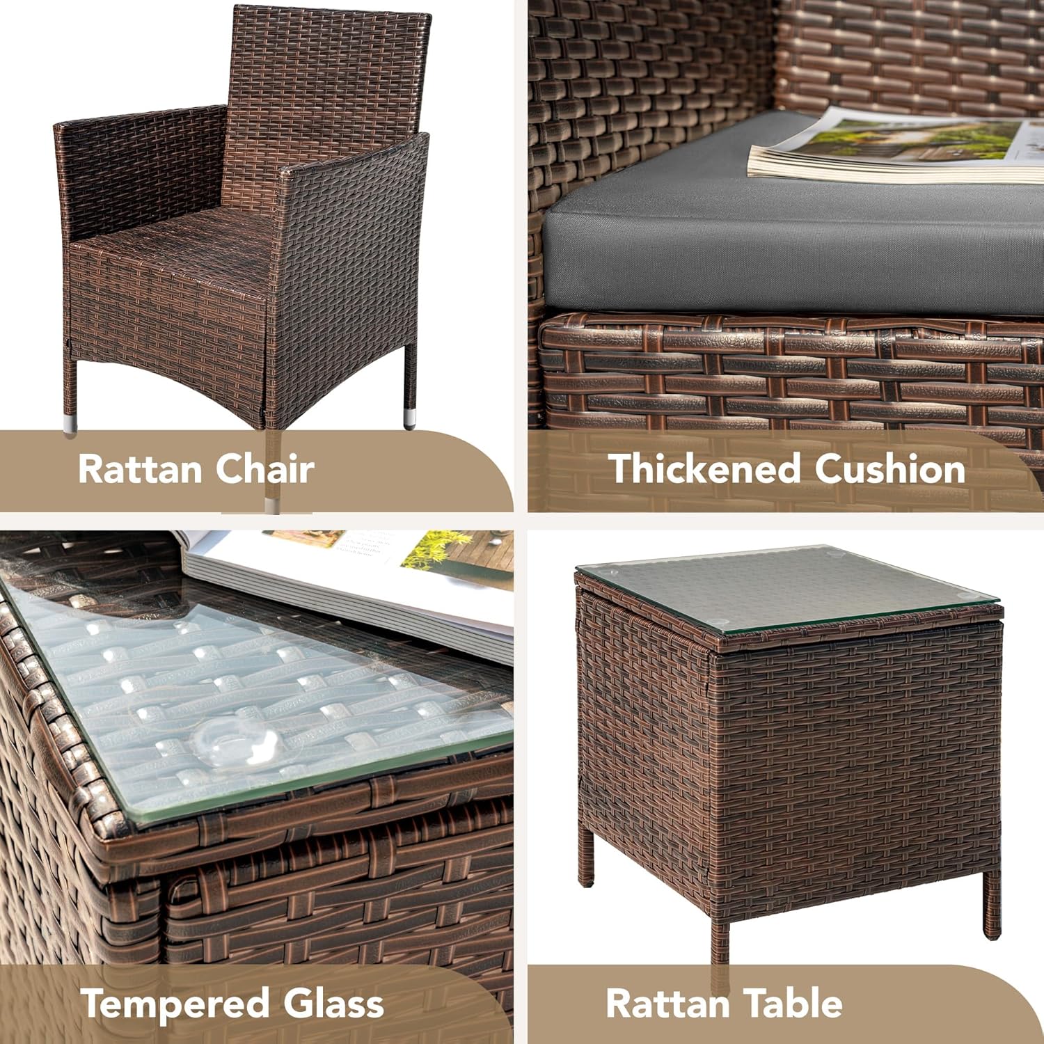 Devoko Patio Porch Furniture Sets 3 Pieces PE Rattan Wicker Chairs Outdoor Garden Furniture Sets