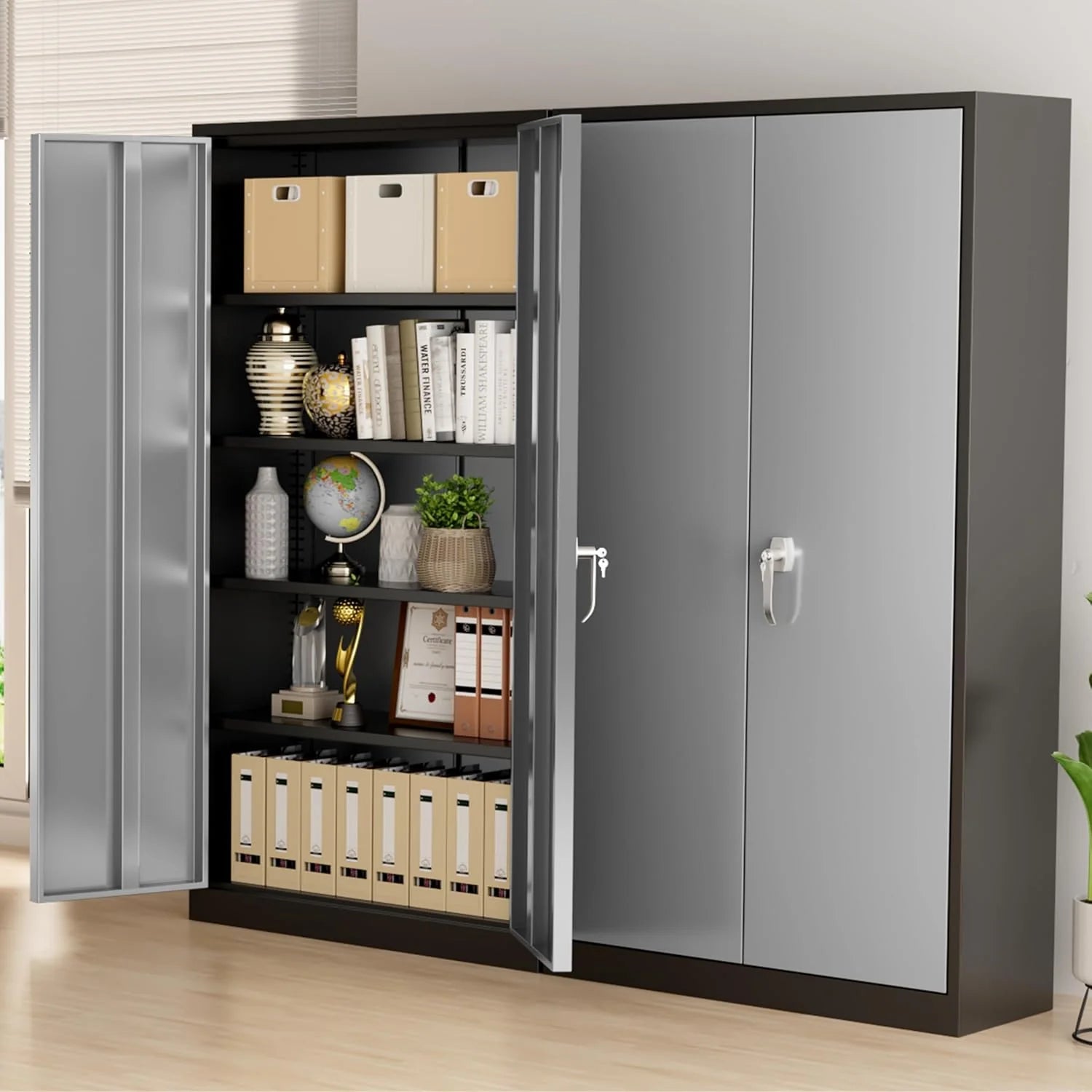 Greenvelly Metal Storage Cabinet, 72 Black Locking Metal Cabinet with 2 Doors and 4 Adjustable Shelves, Lockable Garage Storage Cabinets for Home Office, Garage, Kitchen, Living Room