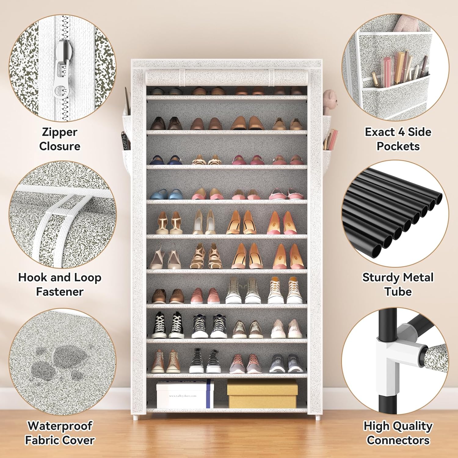 ROJASOP 10 Tier Shoe Rack with Covers Large Capacity Stackable Tall Shoe Shelf Storage