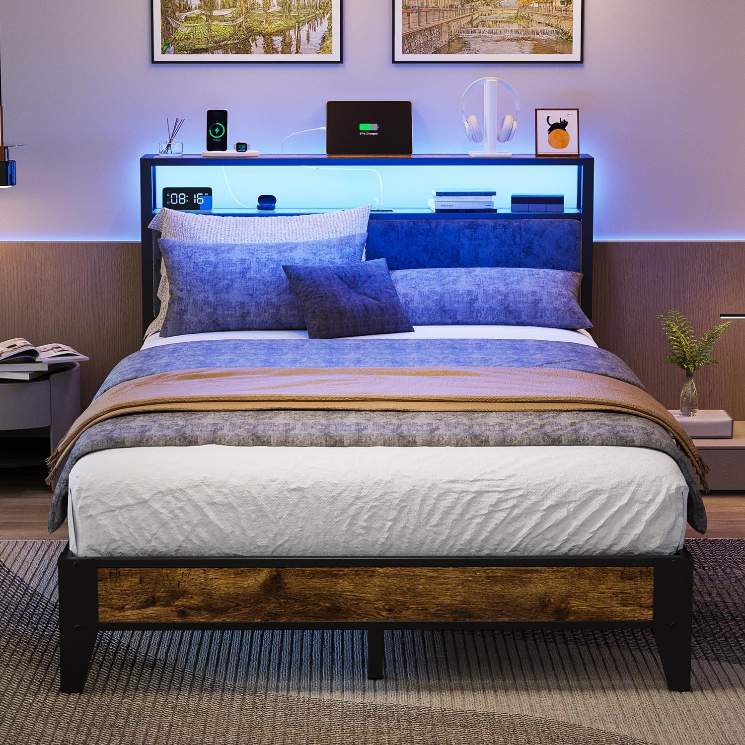 OLEVS Single Bed Frame LED Light Storage Headboard Type C Charging Station Metal Platform Bed