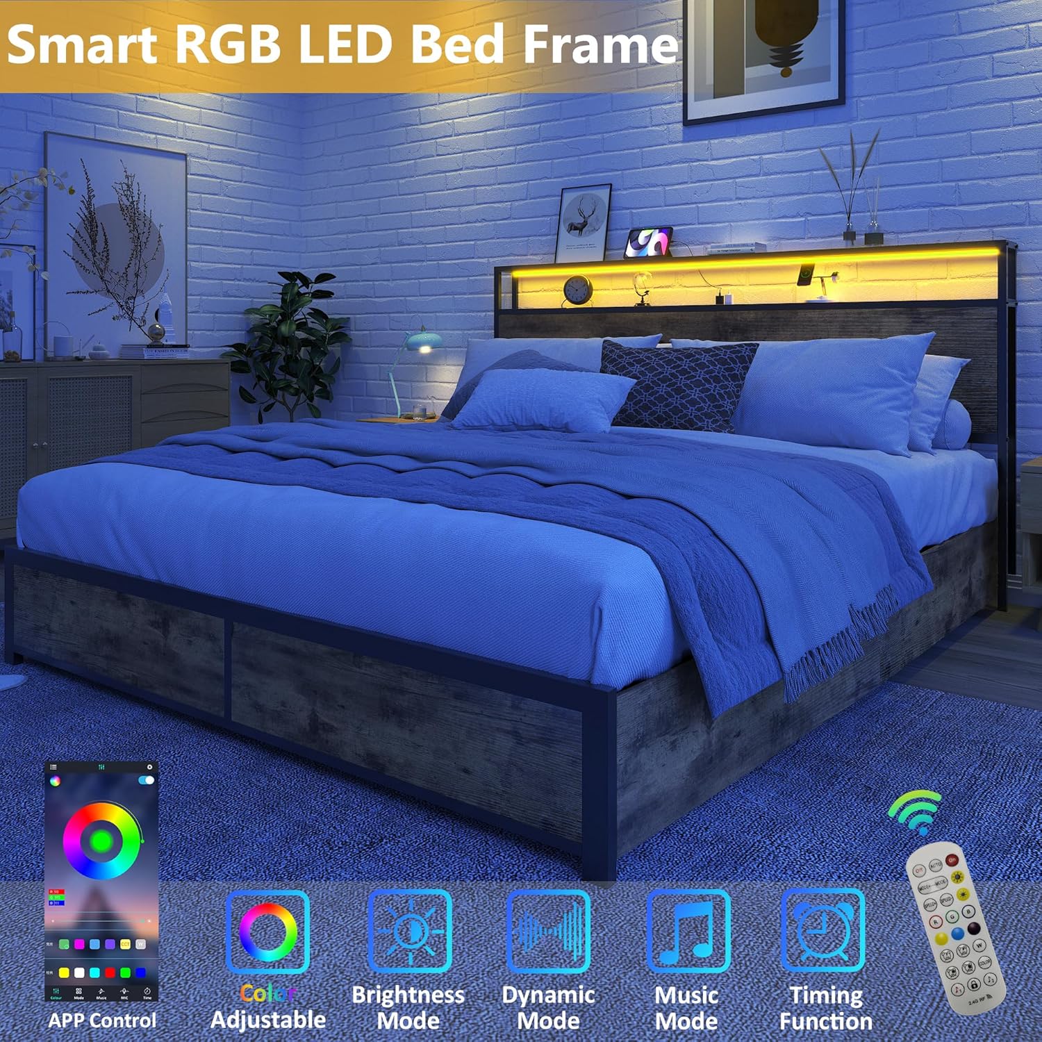 Lifezone Queen Bed Frame with 2-Tier Storage Headboard, Metal Platform Bed Frame with 4 Storage Drawers, Built in Charging Station & LED, Noise-Free/Metal Support/No Box Spring Needed