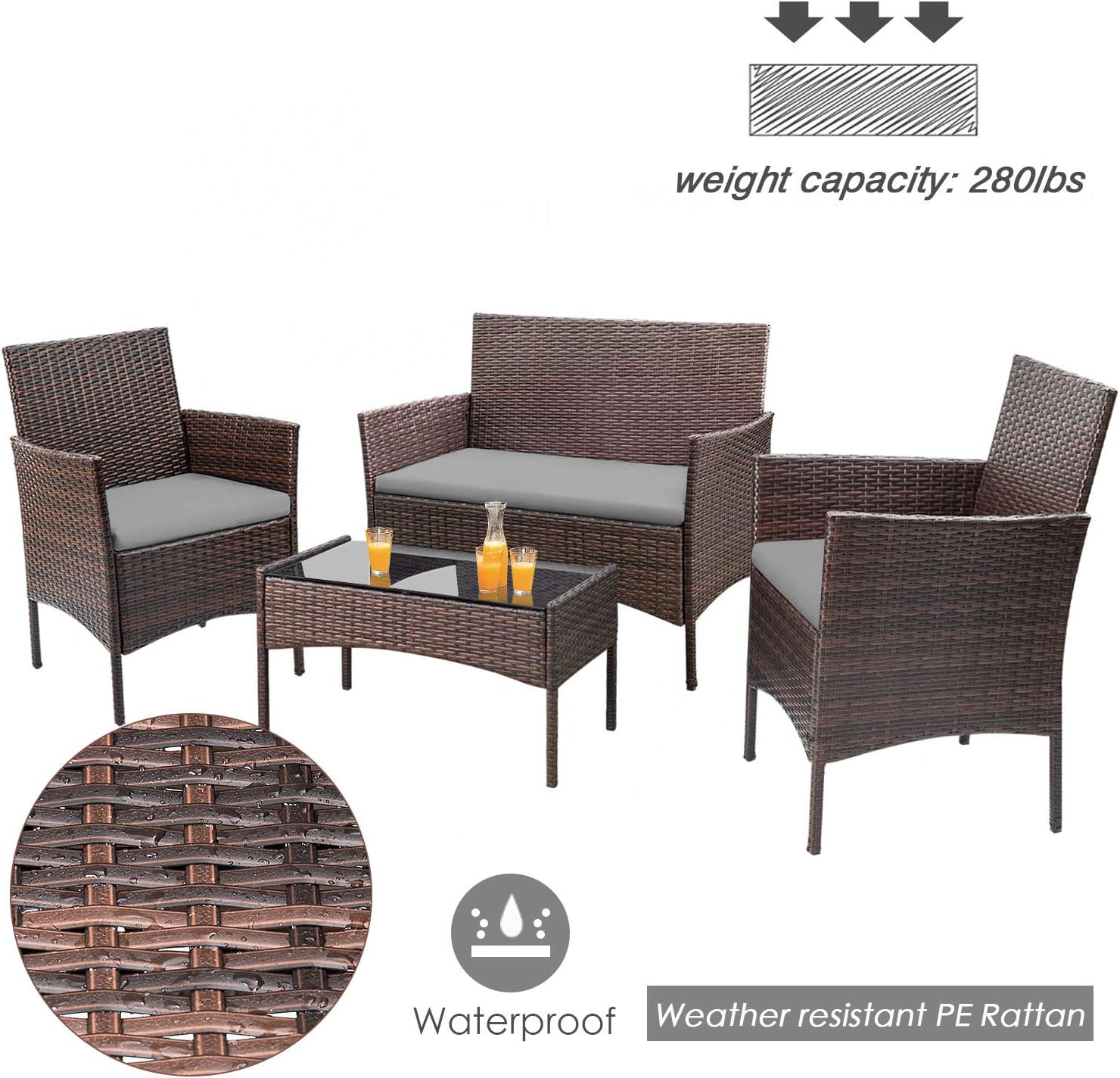 Homall 4 Pieces Outdoor Patio Furniture Sets Rattan Chair Wicker Set, Outdoor Indoor Use Backyard Porch Garden Poolside Balcony Furniture Sets (Grey)