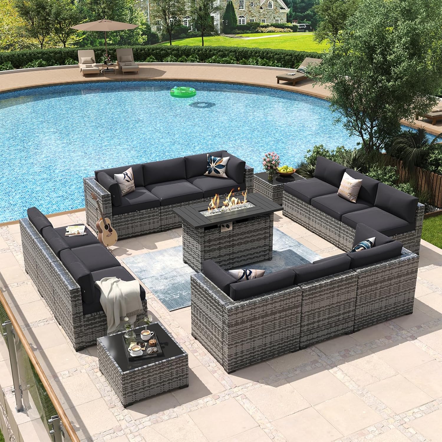 Aoxun 8 Piece Patio Furniture Set with 44?Fire Pit Table Wicker Rattan Outdoor Sectional Sofa Set with Coffee Table and Thickened Cushions, Beige (Waterproof Cover Included)
