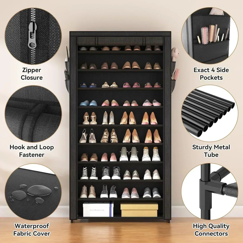 ROJASOP 10 Tier Shoe Rack with Covers Large Capacity Stackable Tall Shoe Shelf Storage