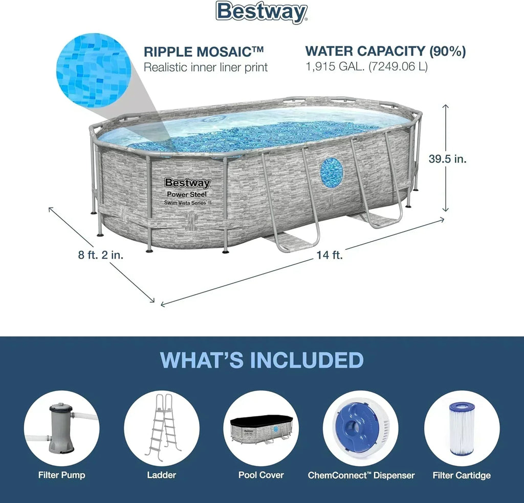 Power Steel 14' x 8'2 x 39.5 Oval Above Ground Pool Set Includes 530gal Filter Pump Ladder