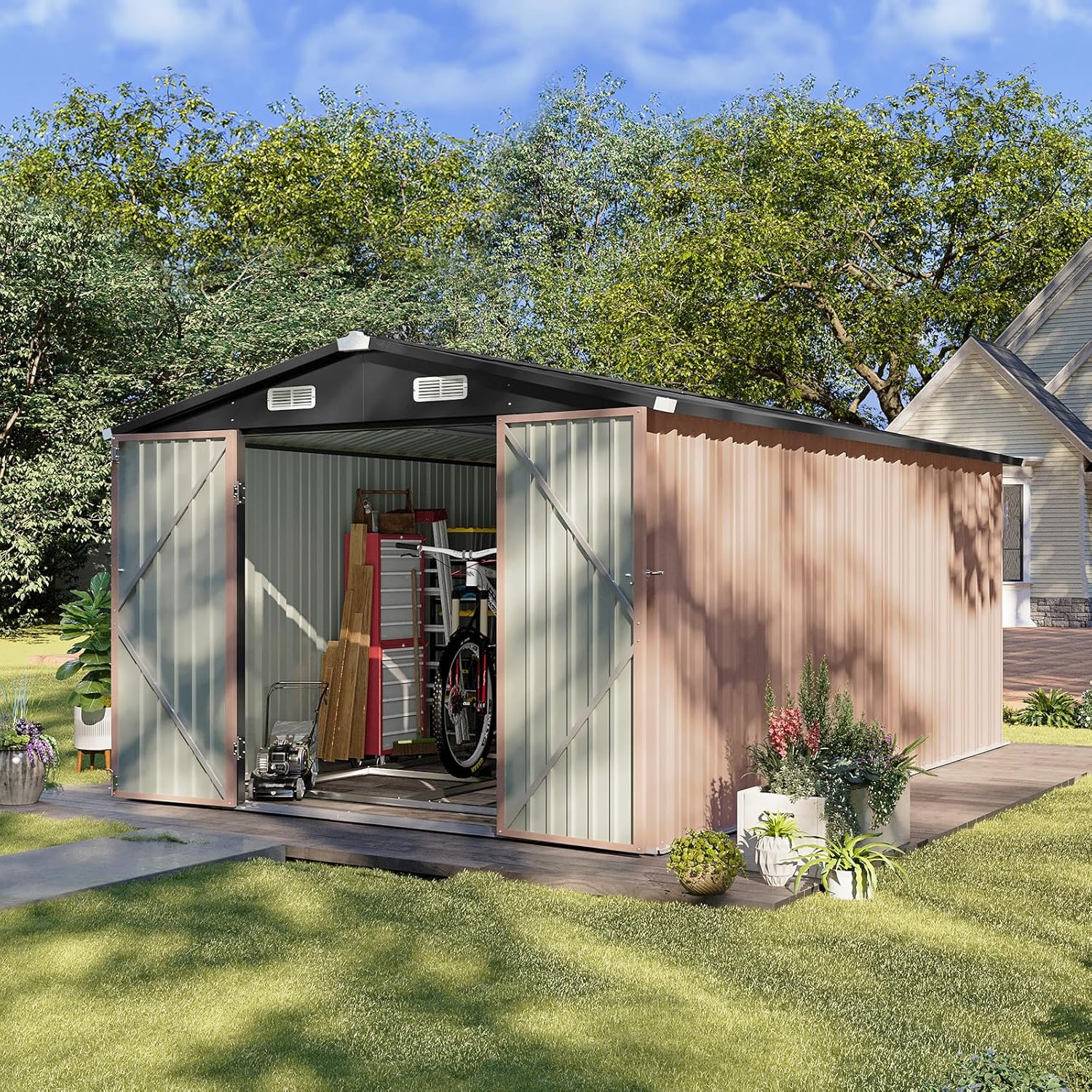 Aoxun 6.2x4 FT Shed Outdoor Storage Shed Metal Garden Shed Slooping Roof Tool Shed Bike Shed