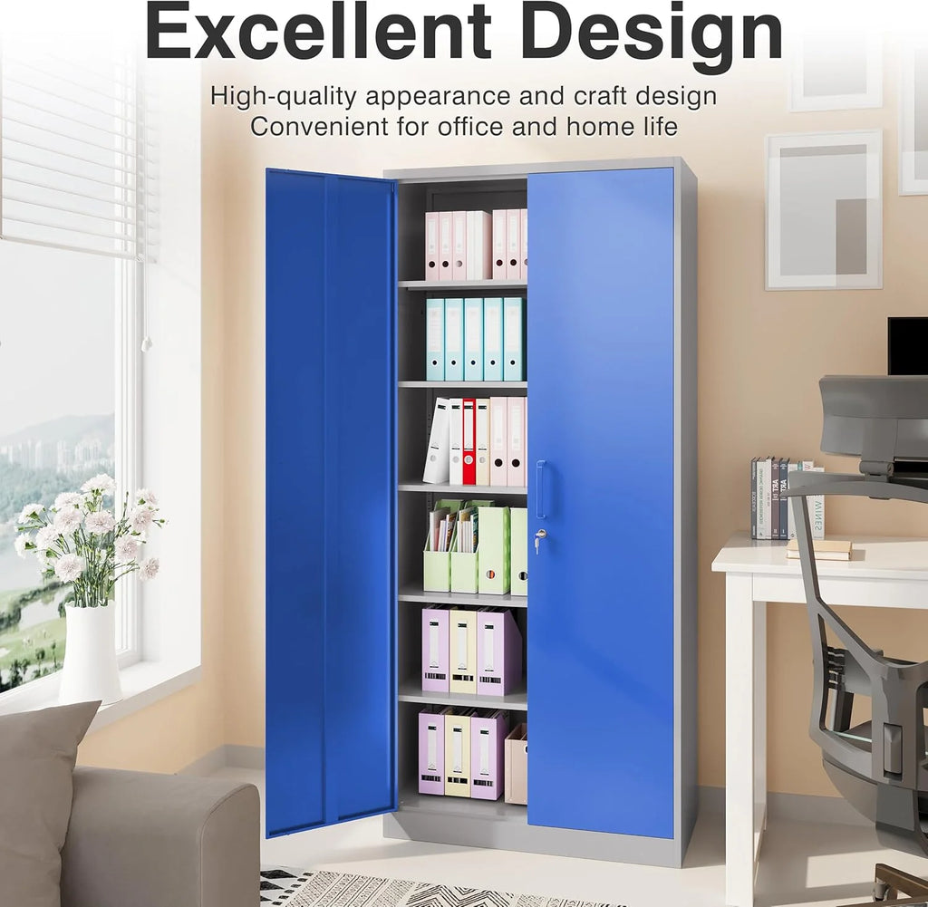 Metal Storage Cabinet with 2 Doors and 6 Shelves, Black Metal Cabinet with Lock, 71 Inch Lockable Garage Storage Cabinet