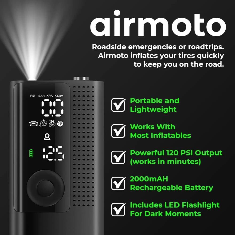 Airmoto Tire Inflator Portable Air Compressor Car Tire Air Pump with Digital Pressure Gauge, LED Light and Auto Shutoff