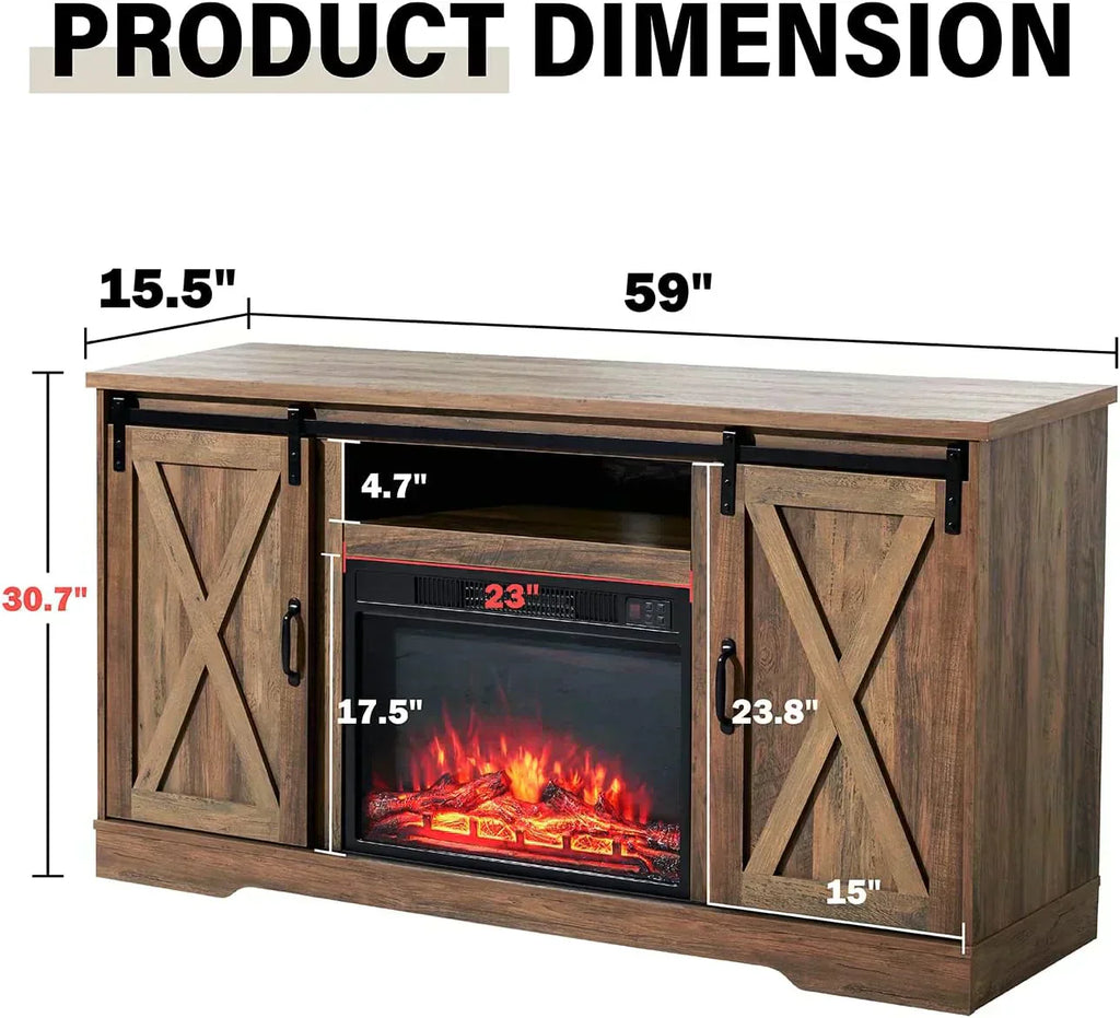 AMERLIFE Fireplace TV Stand with Sliding Barn Door  Farmhouse 63 Fireplace Entertainment Center
