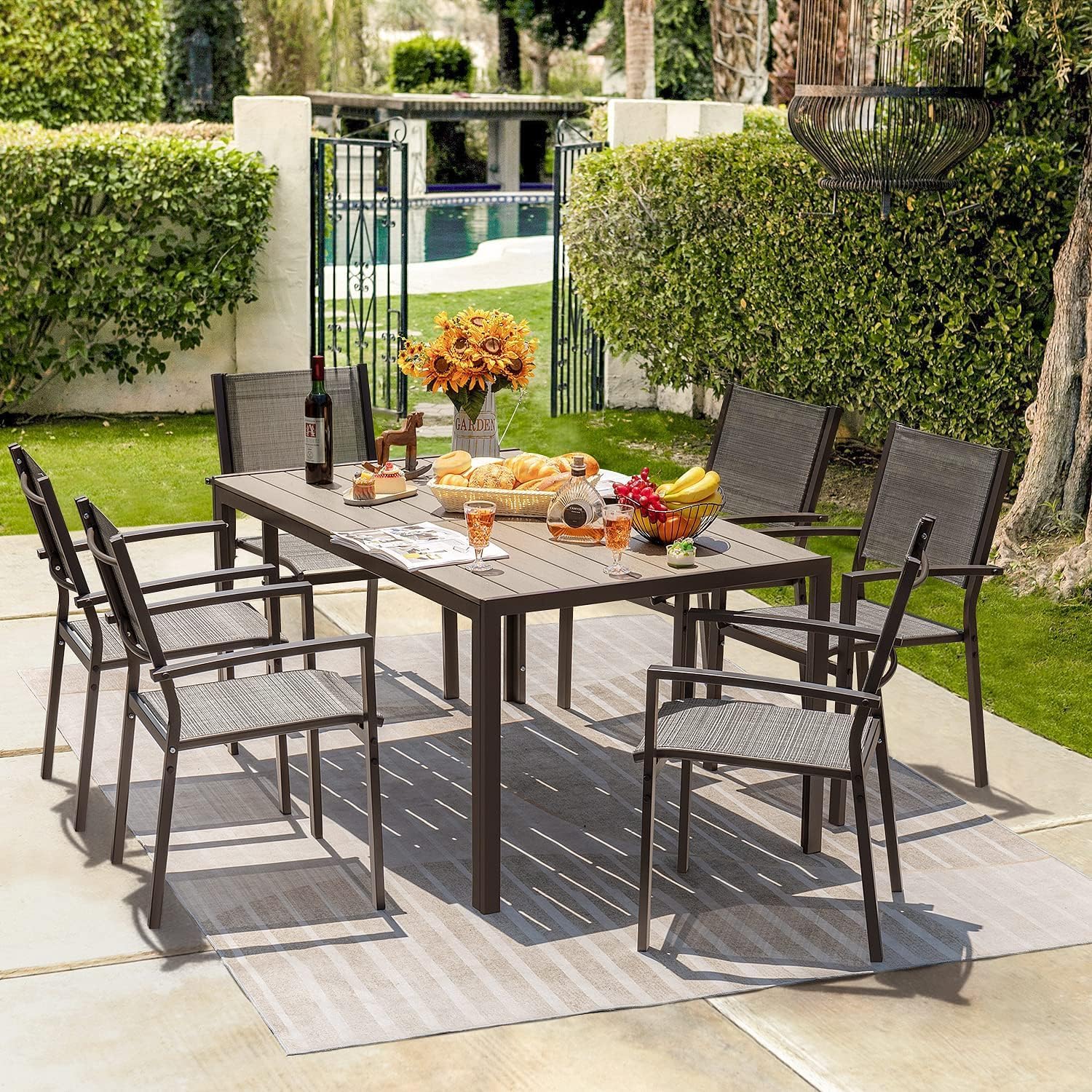 Homall Patio Dining Set 7 Pieces Outdoor Furniture with Large Table and 6 Textilene Chairs