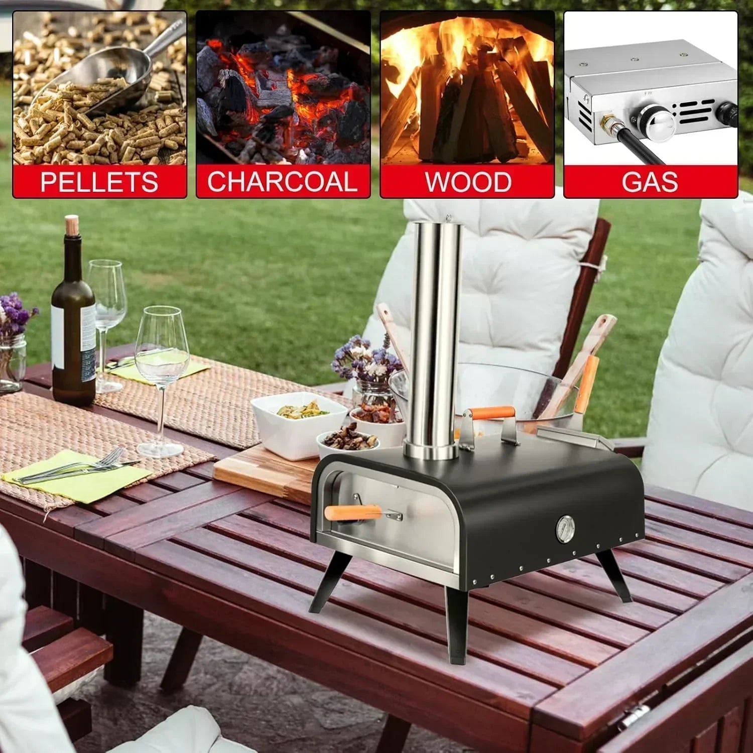EDOSTORY Outdoor Pizza Oven Wood Fired for Outside Patio Maker With Stone Peel Grill Rack