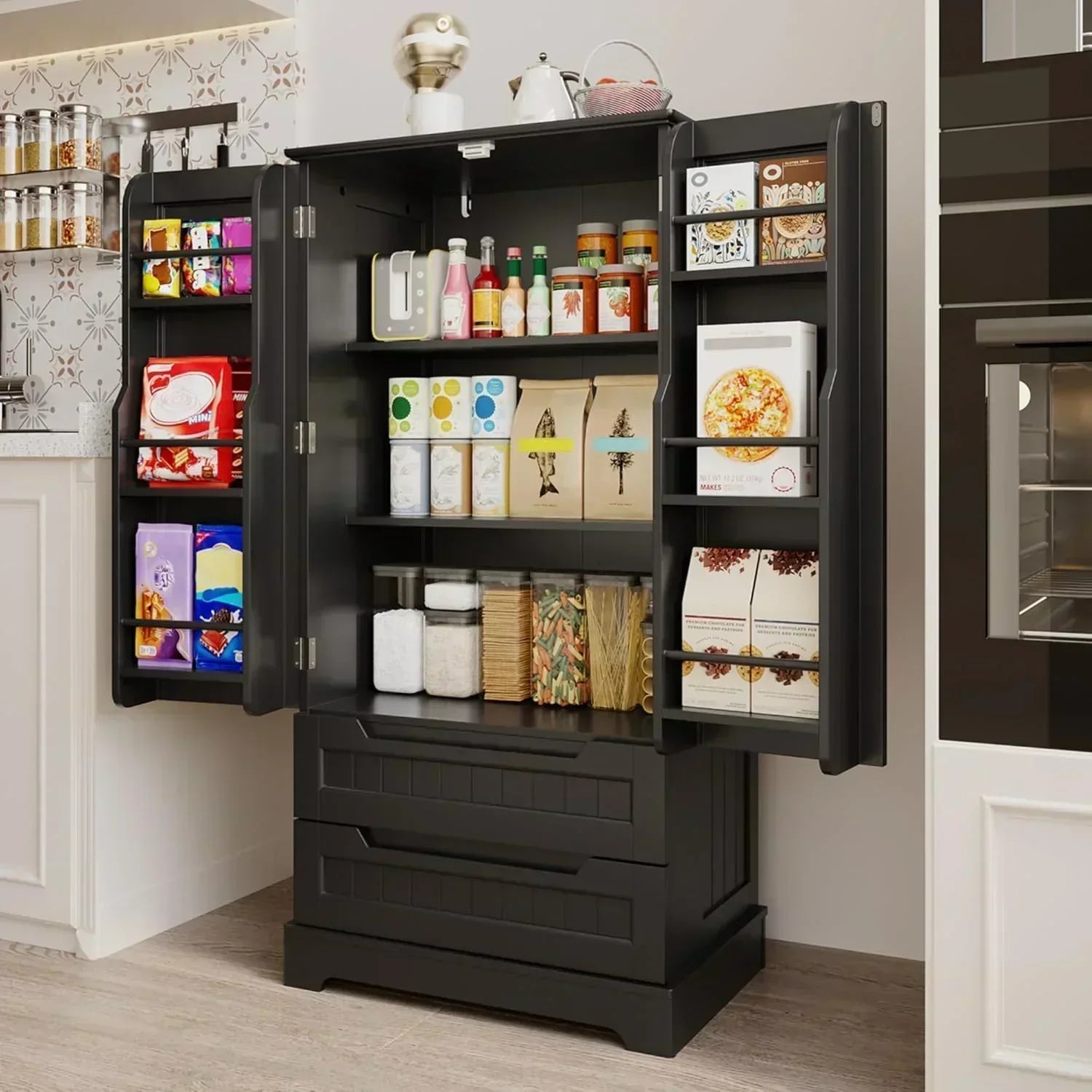 Gizoon Kitchen Pantry Cabinet with Drawers Freestanding Bathroom Storage Cabinet with Doors
