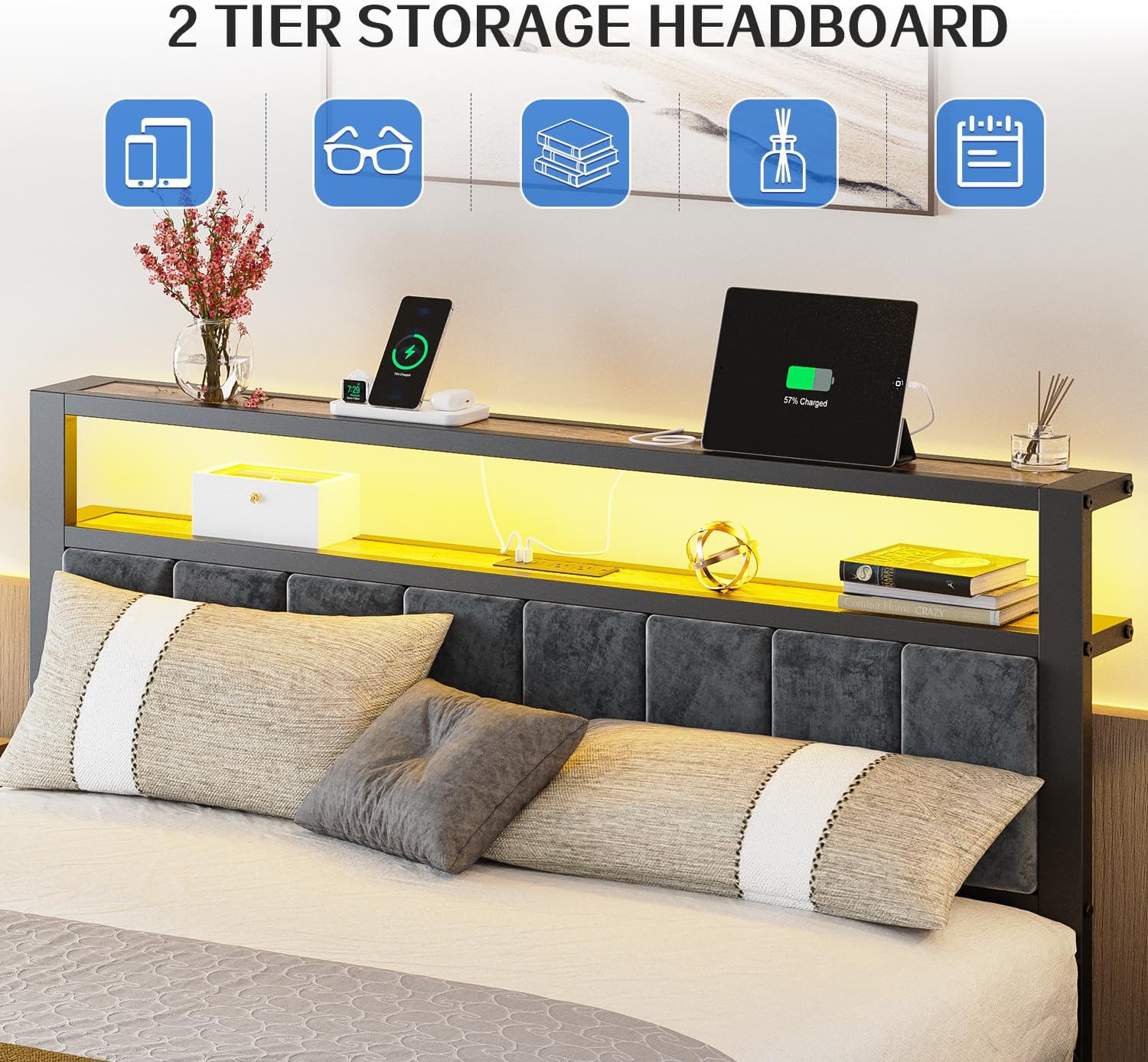Queen Size Bed Frame with 2-Tier Storage Shelves Headboard Platform Bed with Charging Station