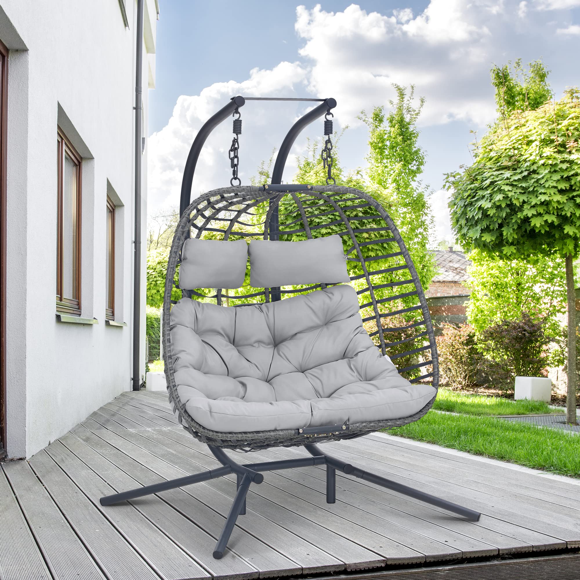 Double Swing Egg Chair with Stand Large Hand-Woven Wicker Rattan Hanging Chair for 2 People