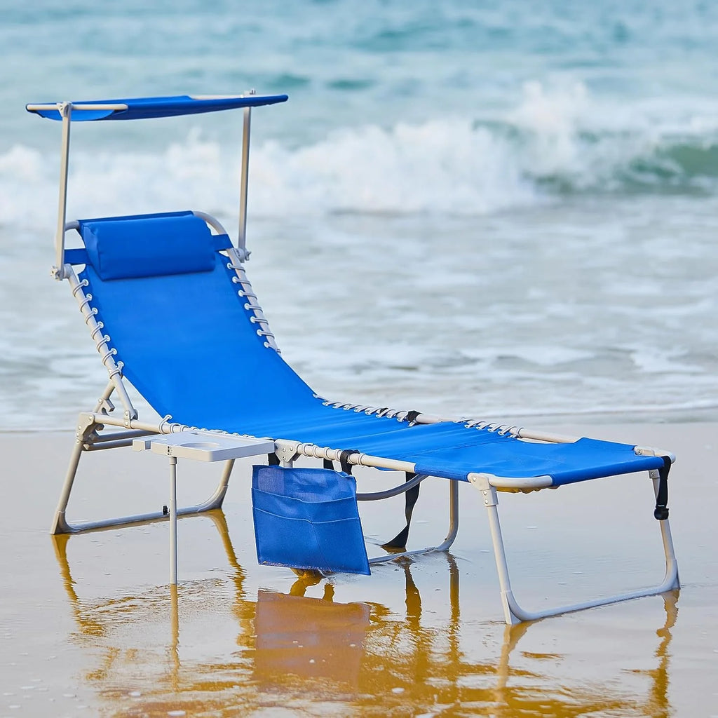 2 Pack Outdoor Chaise Lounge Chair - Portable Folding Patio Pool Lounge Chair, 5 Positions Adjustable Reclining Camping Chair with Side Table,Shoulder Strap, Pillow for Beach Sunbathing Lawn