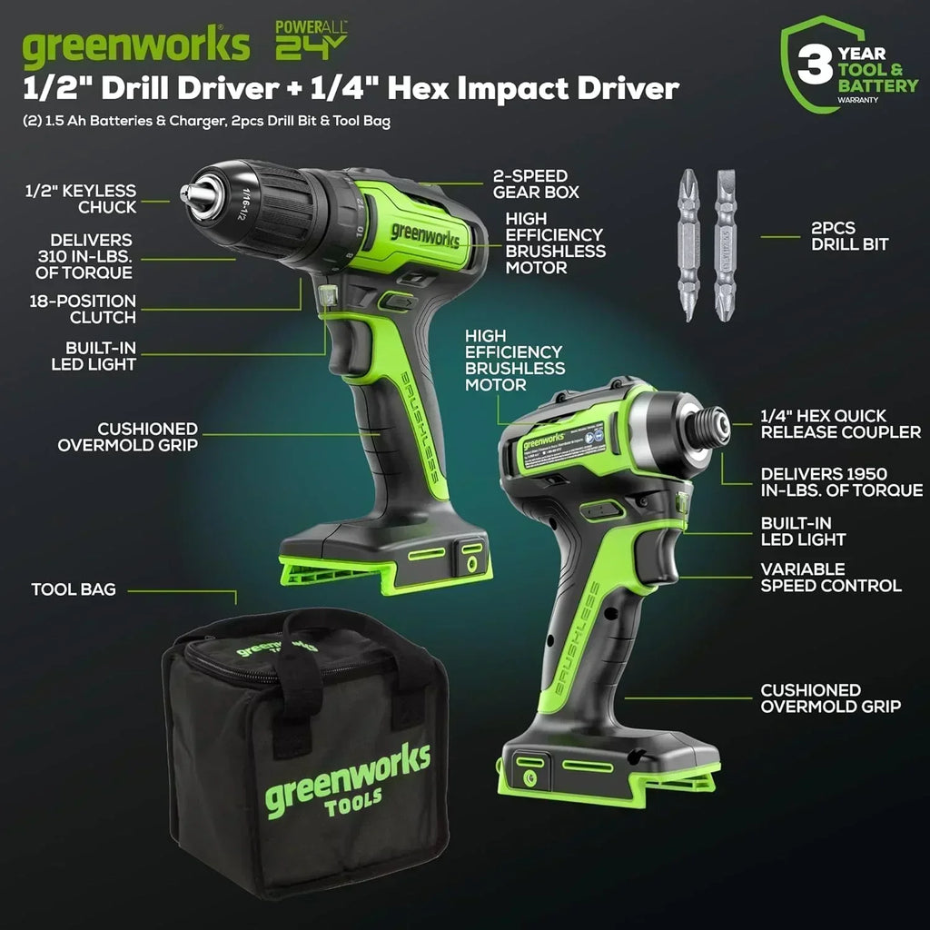24V Brushless Cordless Drill Impact Driver Power Tool Combo Kit Included 1/2��Drill & 1/4��Hex