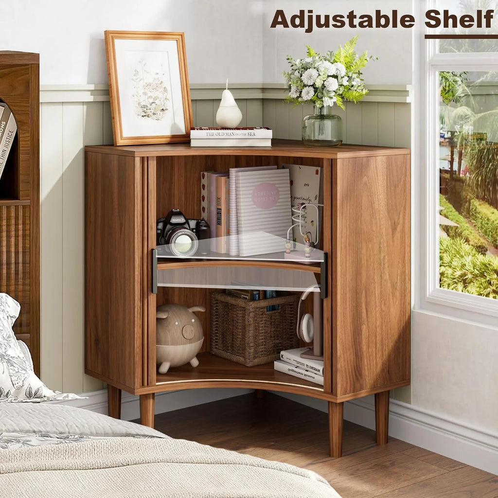 Fluted corner cabinet, small corner base cabinet modern wooden storage organizer
