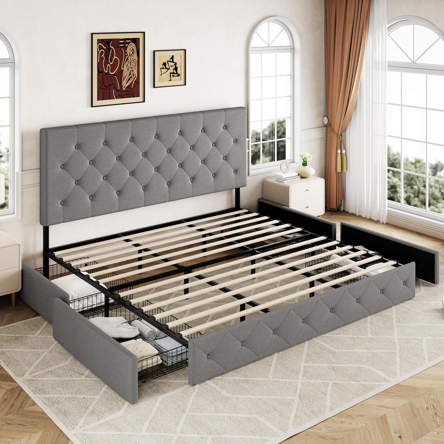 Allewie Upholstered Queen Size Platform Bed Frame with 4 Storage Drawers and Headboard