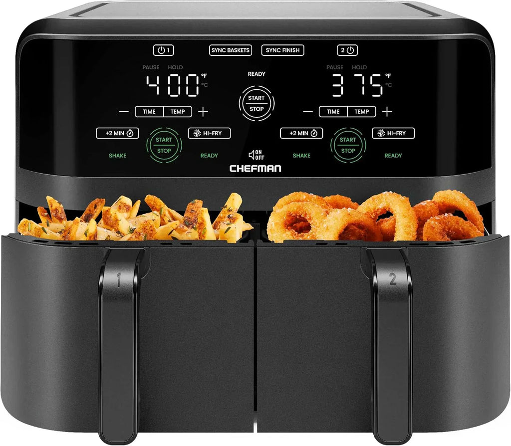 Chefman 6-Quart Dual Basket Air Fryer Digital Touchscreen Smart Sync Finish High-Frying