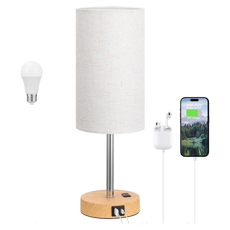 Touch Bedside Table Lamp with USB Wood Base 3 Way Dimmable Small Nightstand Lamp with LED Bulb for Bedroom Living Room