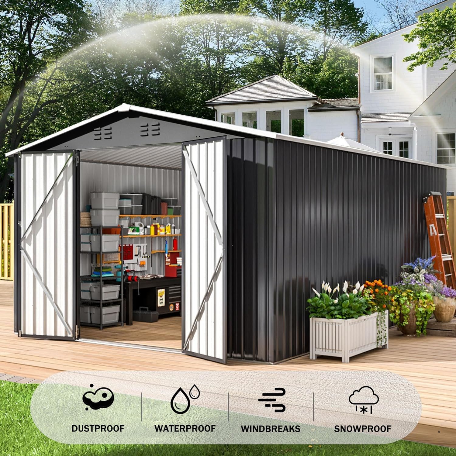 Polar Aurora 8 x 12 FT Outdoor Storage Shed, Metal Garden Shed with Updated Frame Structure, Tool Sheds for Backyard Garden Patio Lawn Black