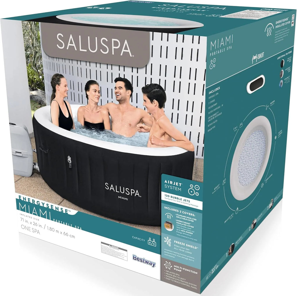 Bestway SaluSpa Miami EnergySense AirJet Inflatable Hot Tub Spa (71 x 26) | Portable Hot Tub with 2 Covers (1 Energy-Efficient Thermal Cover and 1 Standard Cover) | Fits Up to 2-4 Persons | Black