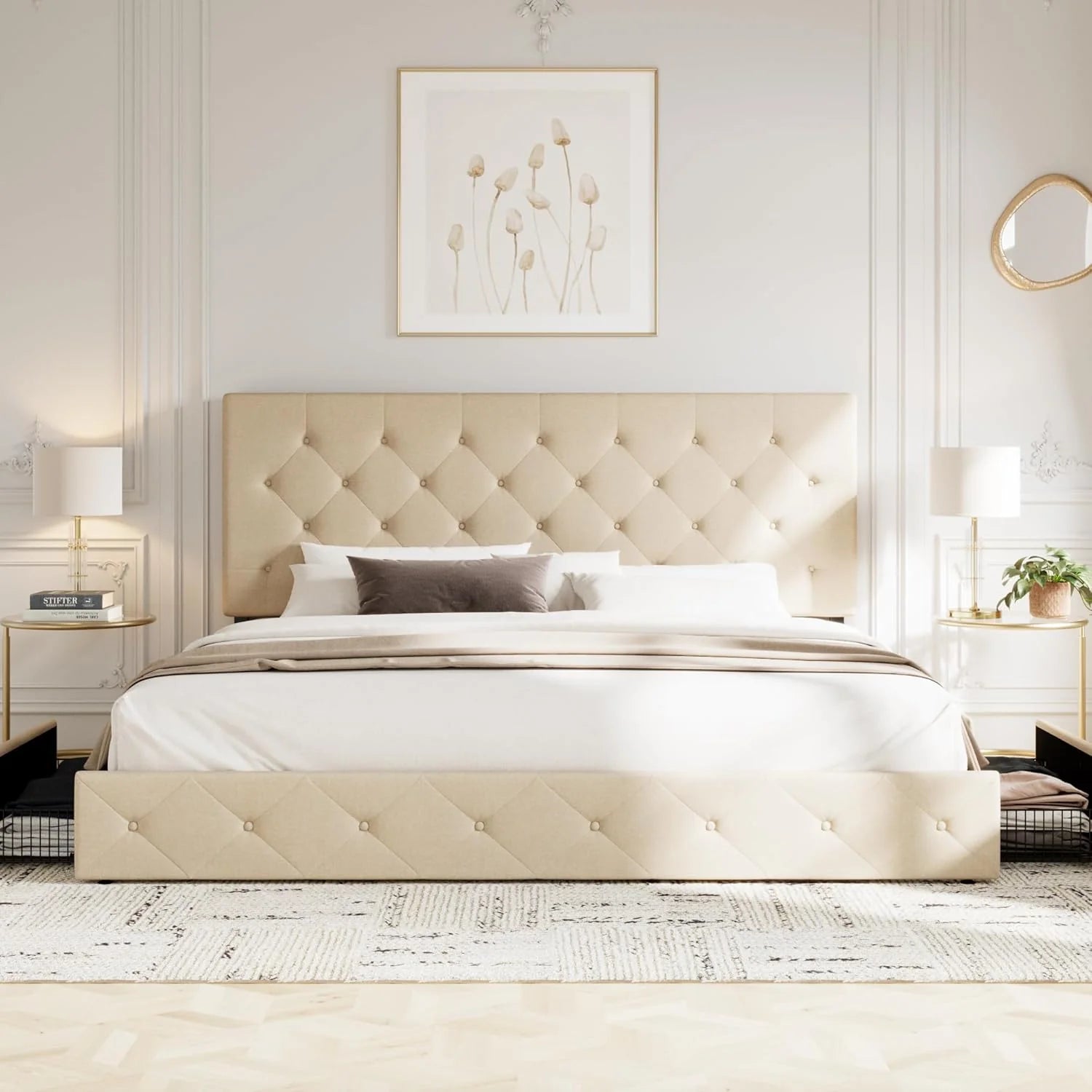 Allewie Upholstered Queen Size Platform Bed Frame with 4 Storage Drawers and Headboard