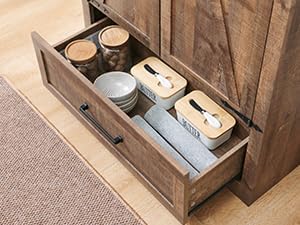 JXQTLINGMU Farmhouse Kitchen Pantry - 72 Tall Wood Kitchen Storage Cabinet with Adjustable Shelves and 2 Barn-Style Doors and Drawers
