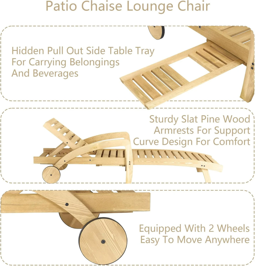 Pool Chaise Lounge Chairs Set of 4 5-Position Adjustable Outdoor Patio Lounge Chairs Wood Reclining Chaise Lounger Chair with Pullout Side Table