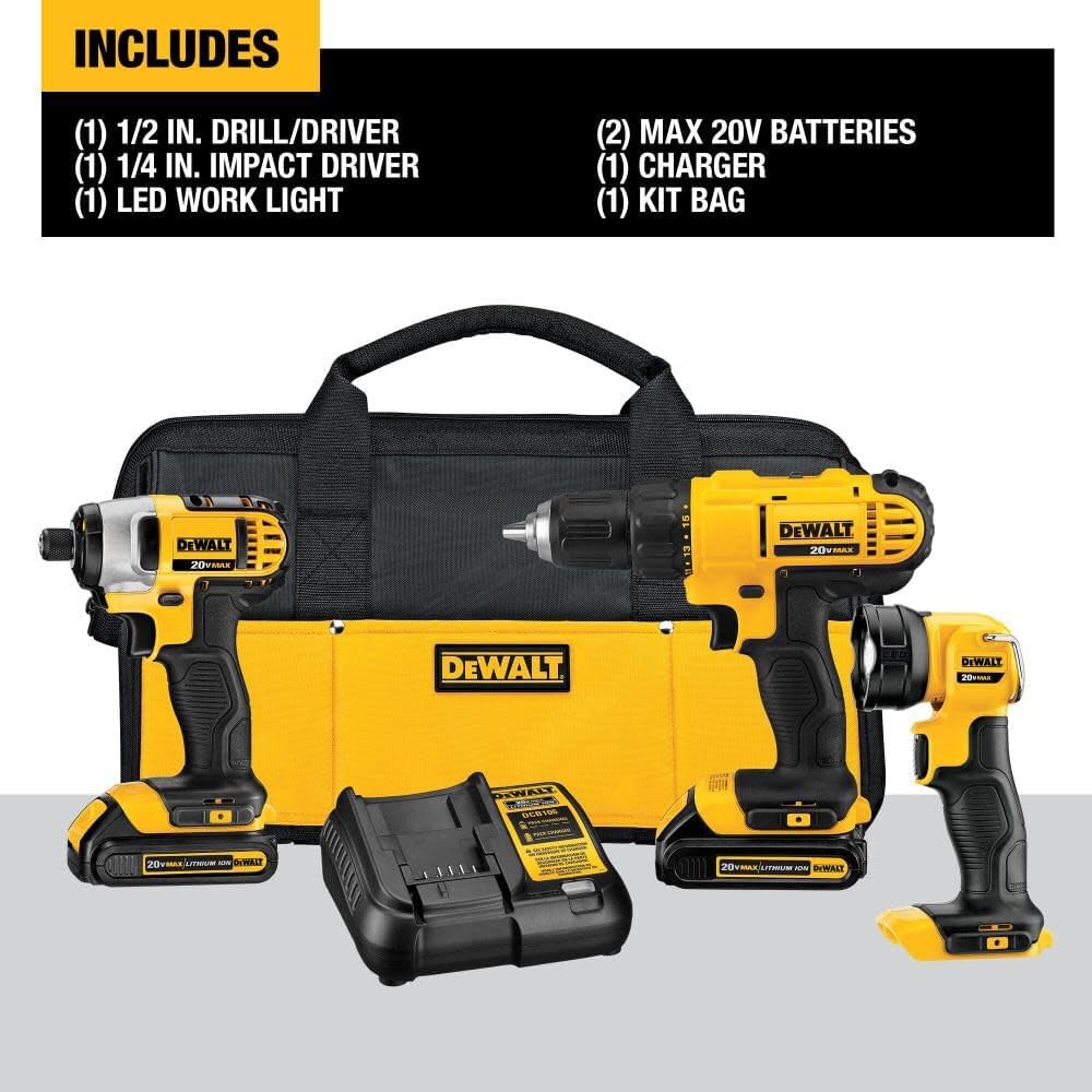 20V MAX Cordless Drill Impact Driver and LED Work Light Portable, Power Tool Combo Kit 3 Tool, 2 Batteries and Charger Included (DCK340C2)